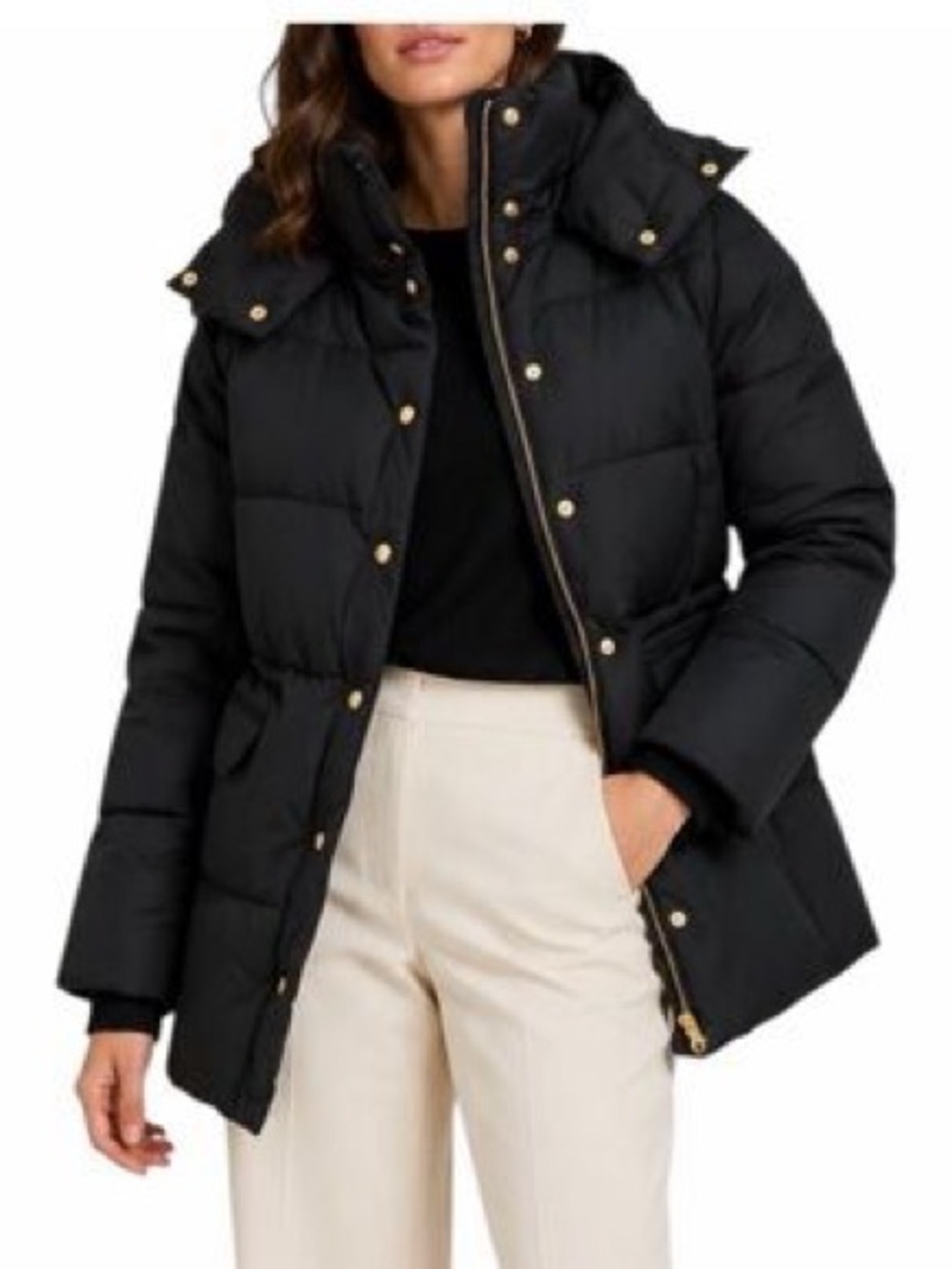 J. Crew signature puffer coat in black with gold tone snaps with hood women’s XS